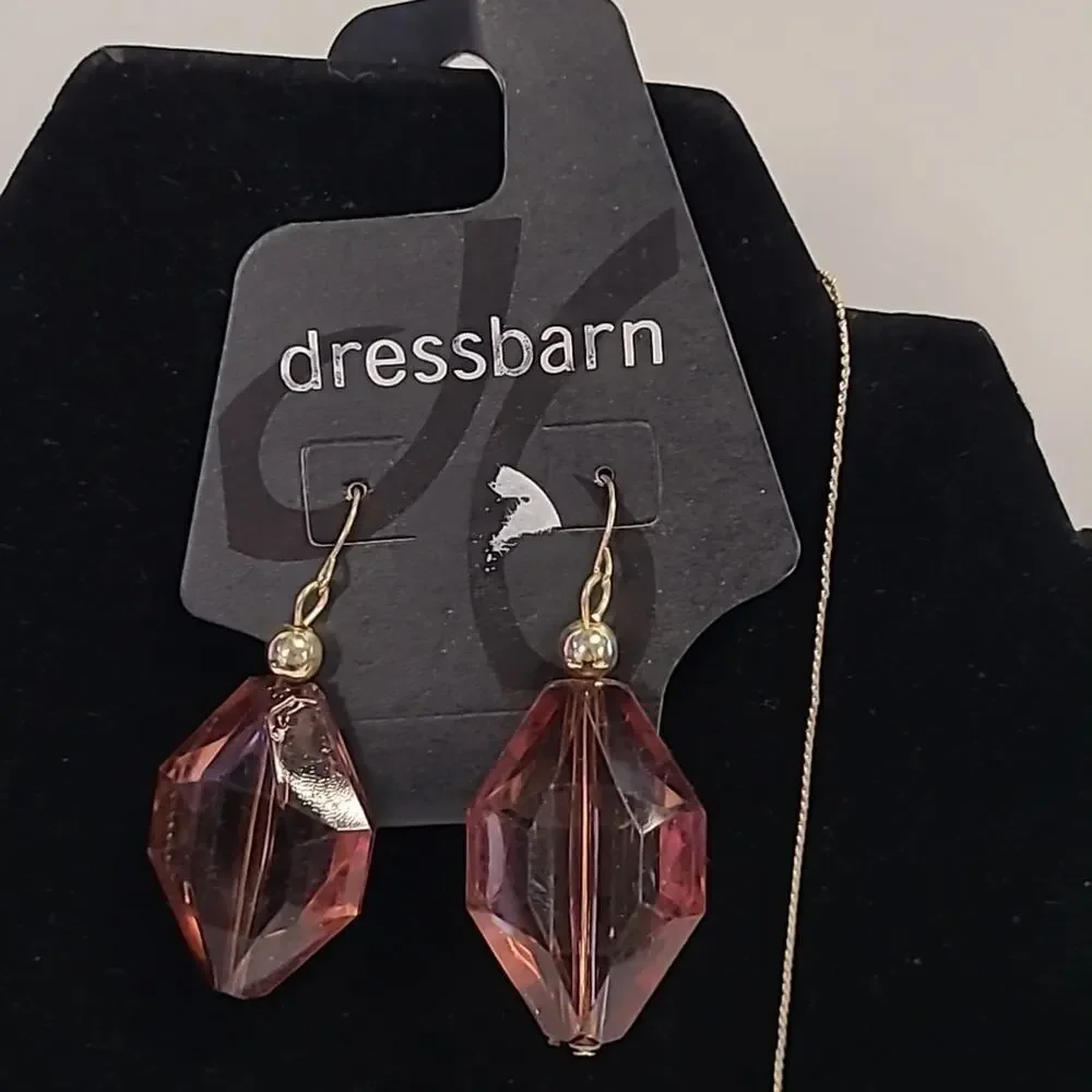 Dressbarn Necklace & Earring Set Brown & Gold Tone Long Faux Crystal Beads